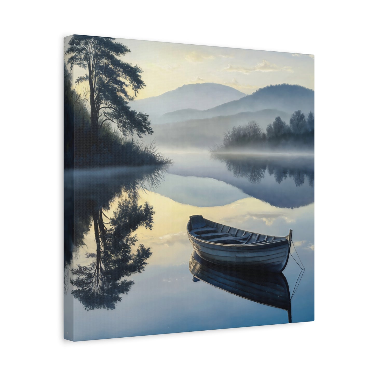 Wooden Boat On Mountain Pond Canvas Wall Art