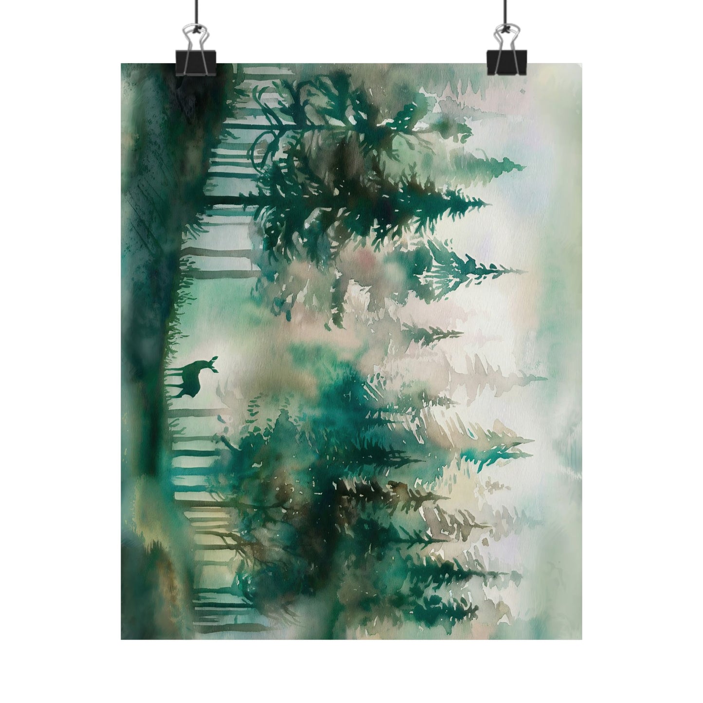 Pine Forest With Deer Watercolor Poster