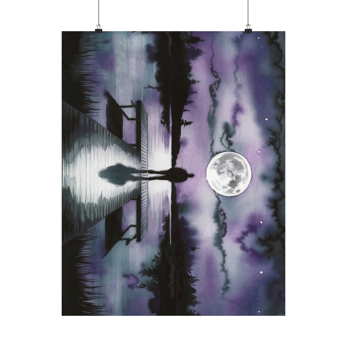 Man Looking At Moon Over A Lake Watercolor Poster
