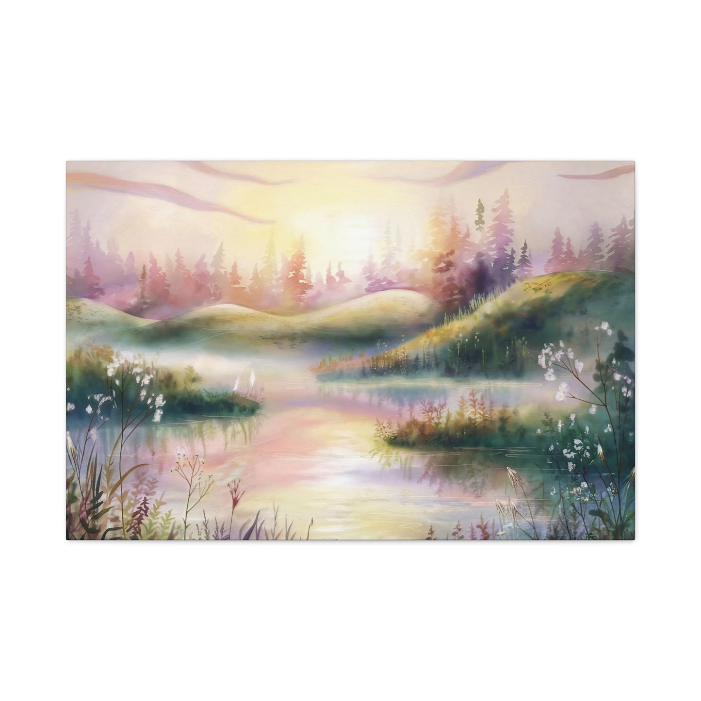 Dreamy Pink Woodland Sunrise Watercolor Canvas Wall Art