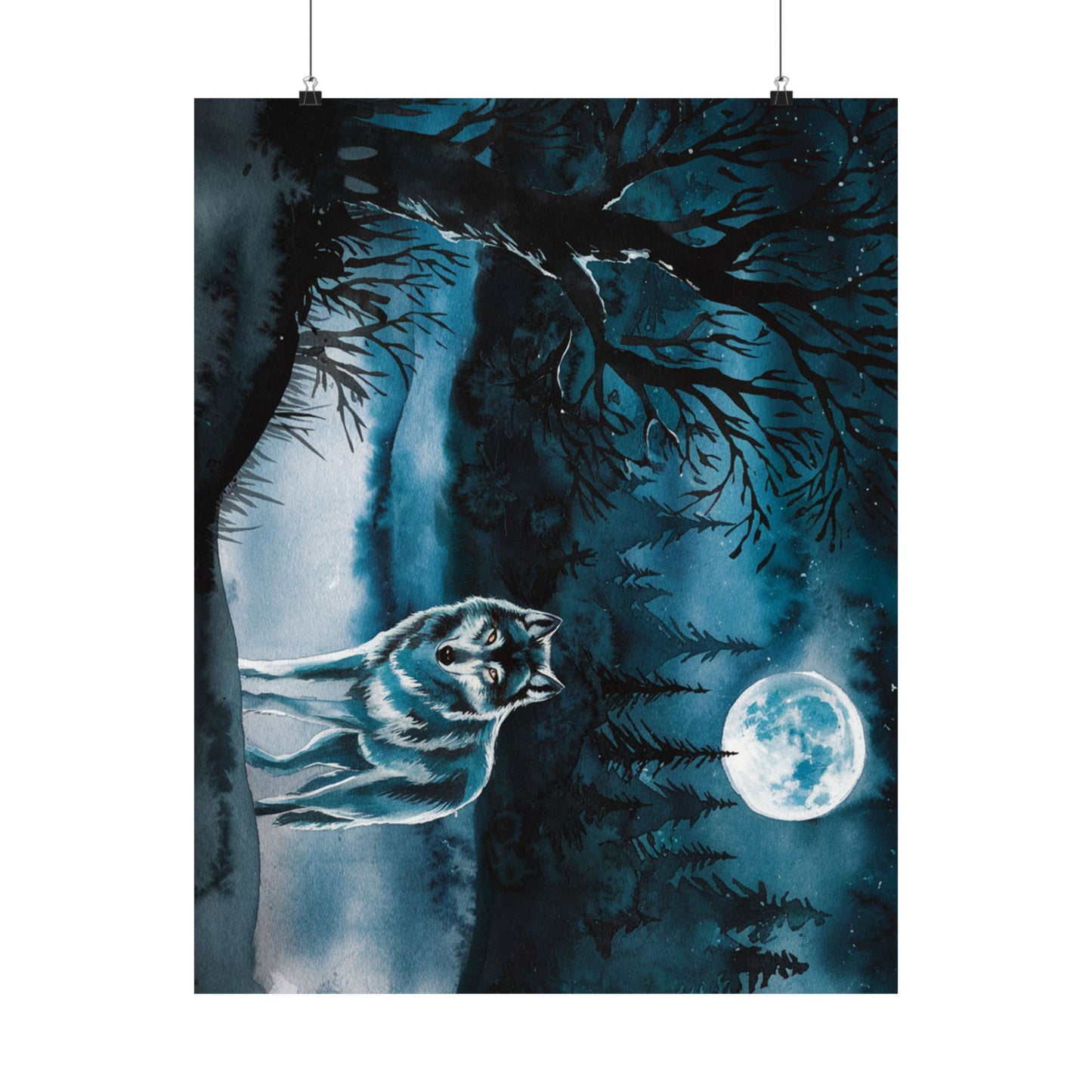 Wolf At Night Watercolor Poster