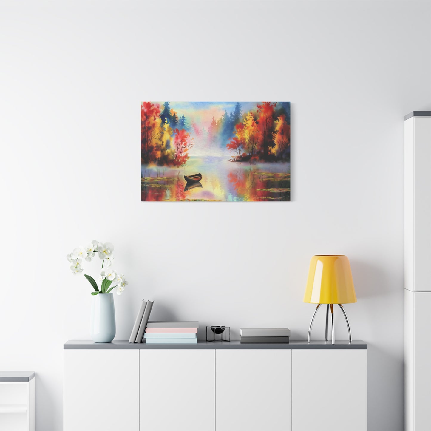Small Boat On Mountain Lake In The Fall Watercolor Canvas Wall Art
