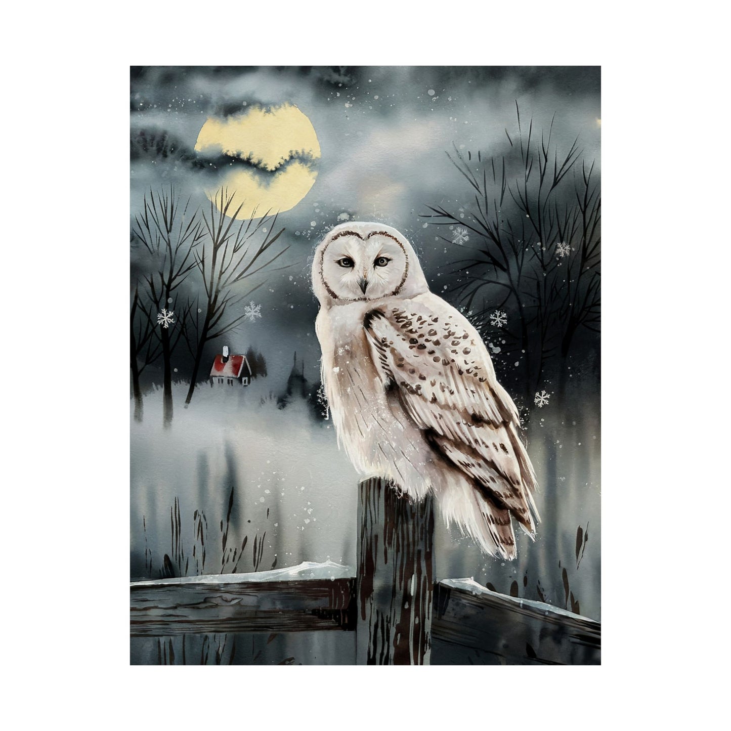 Snow Owl At Night On Post Poster