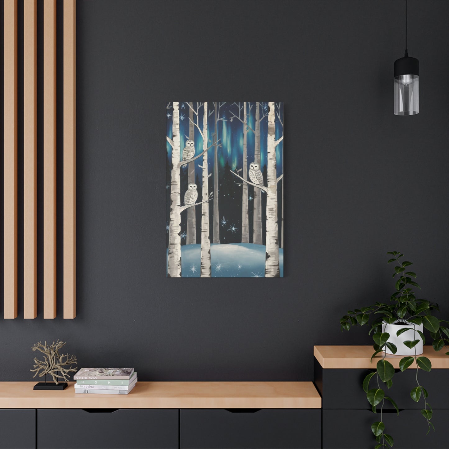 Folk Art Owls Snowy Night Canvas Wall Art