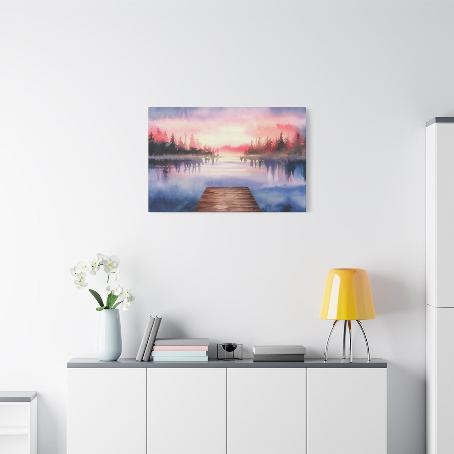 Mountain Lake Dock Watercolor Canvas Wall Art
