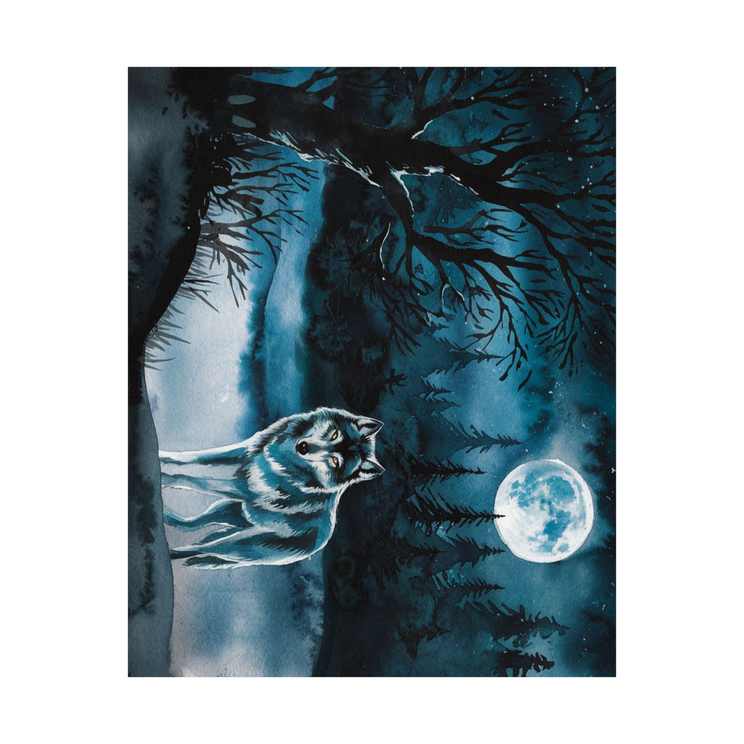 Wolf At Night Watercolor Poster