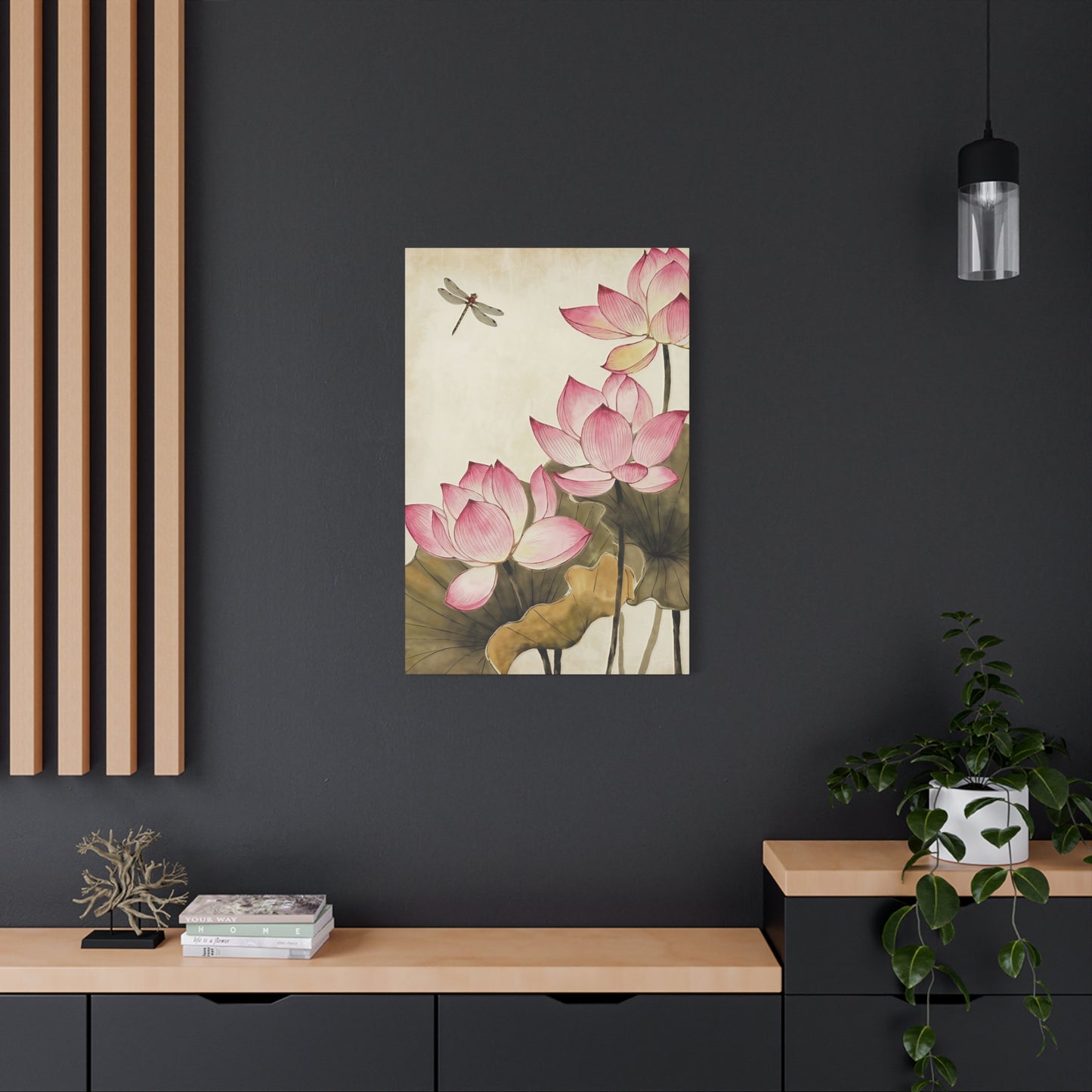 Pink Flowers With Dragonfly Canvas Wall Art
