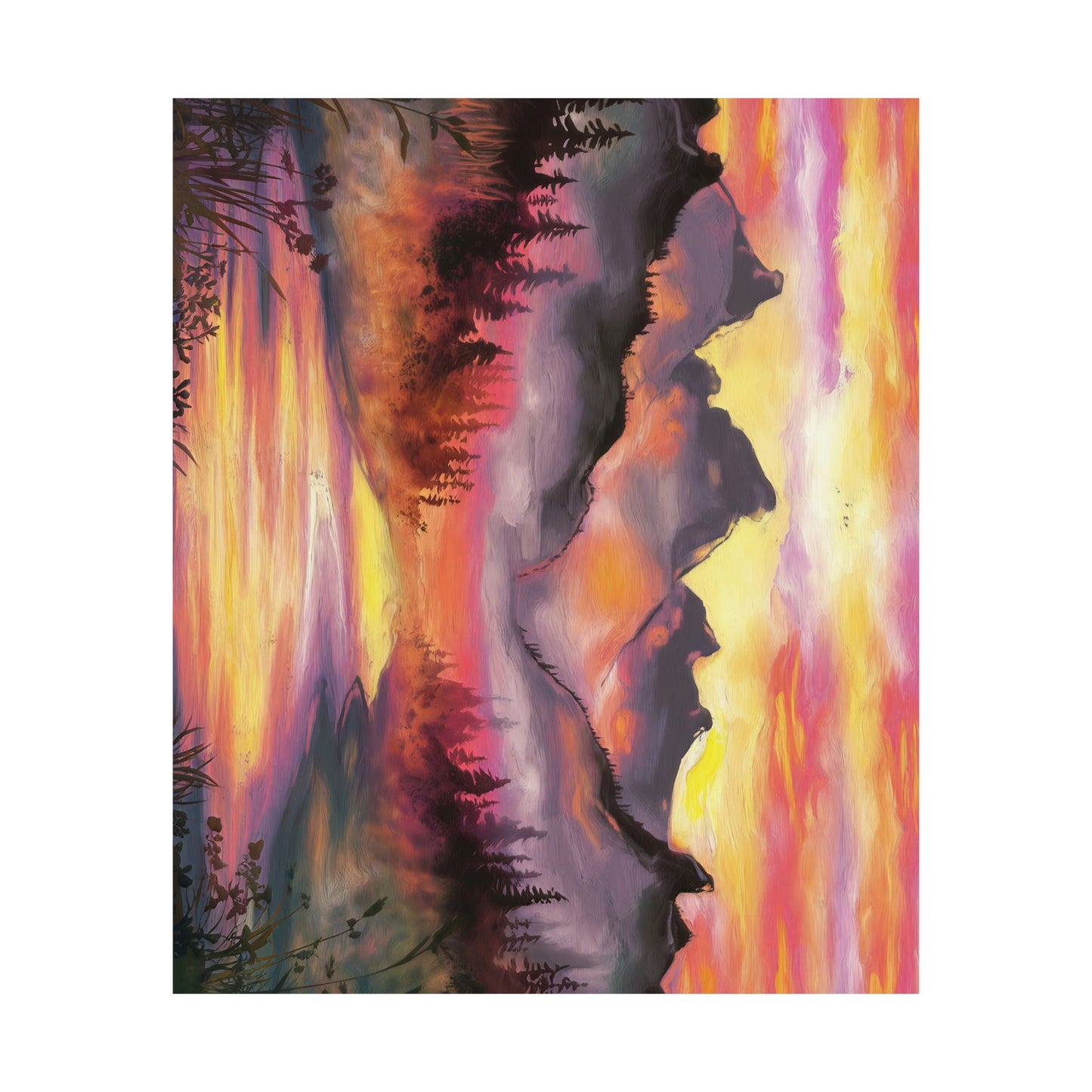 Dreamy Mountain Woodland Sunset Watercolor Poster