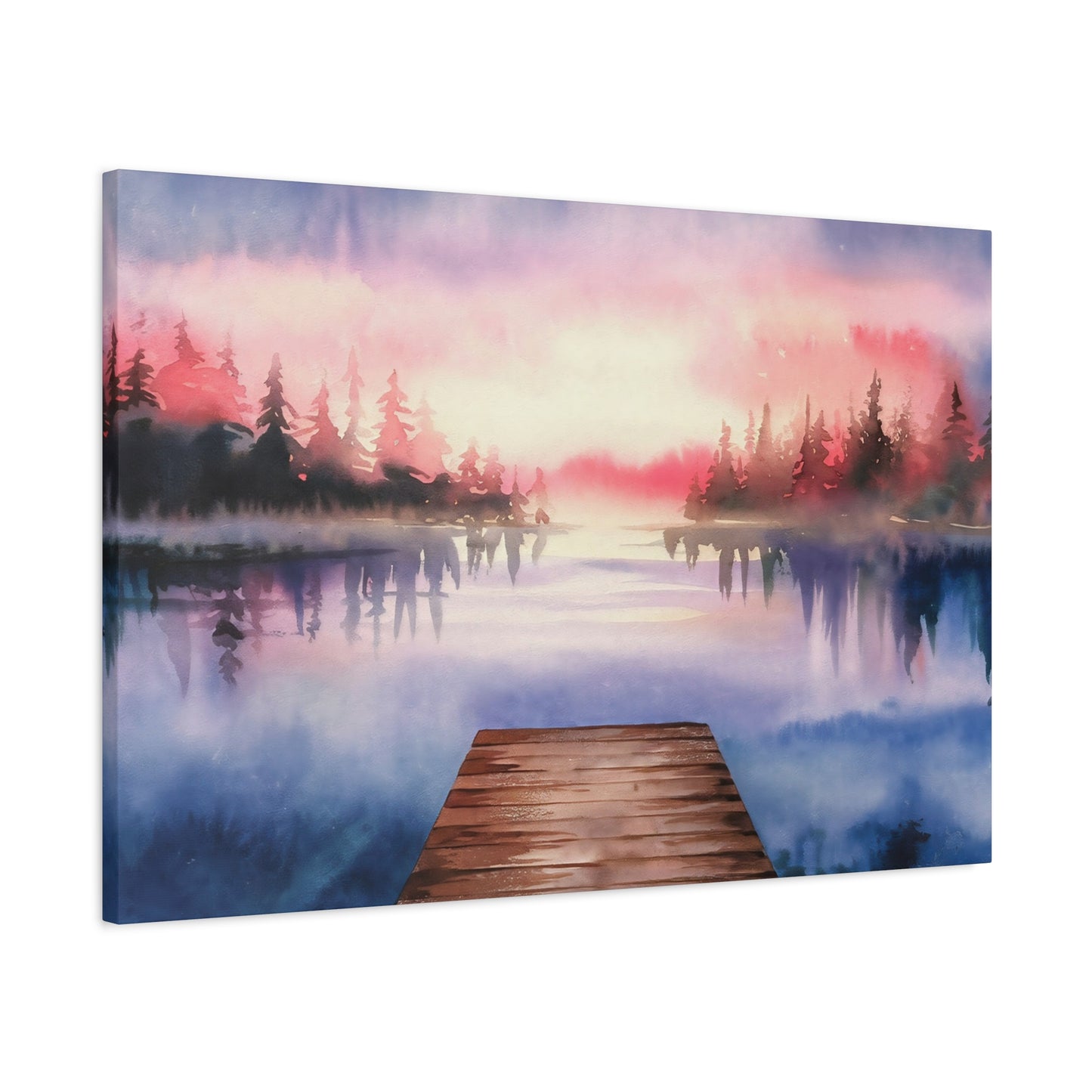 Mountain Lake Dock Watercolor Canvas Wall Art