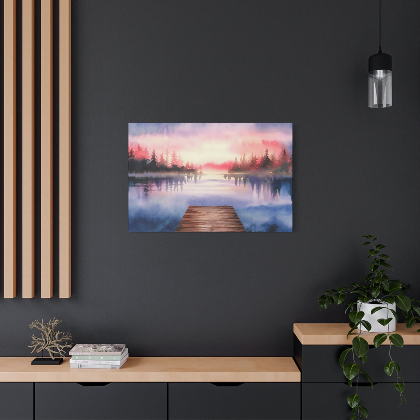 Mountain Lake Dock Watercolor Canvas Wall Art