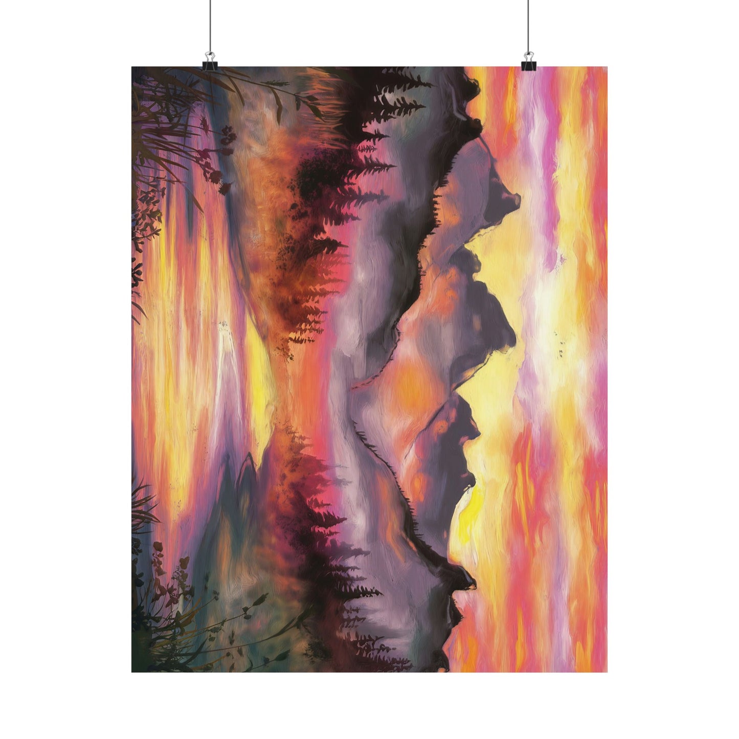 Dreamy Mountain Woodland Sunset Watercolor Poster