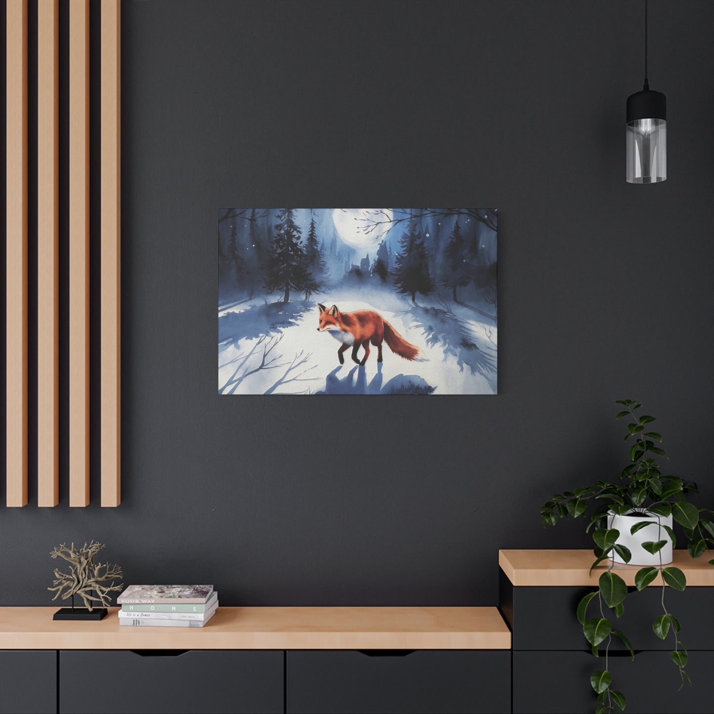 Fox Winter Night Watercolor Canvas Wall Art