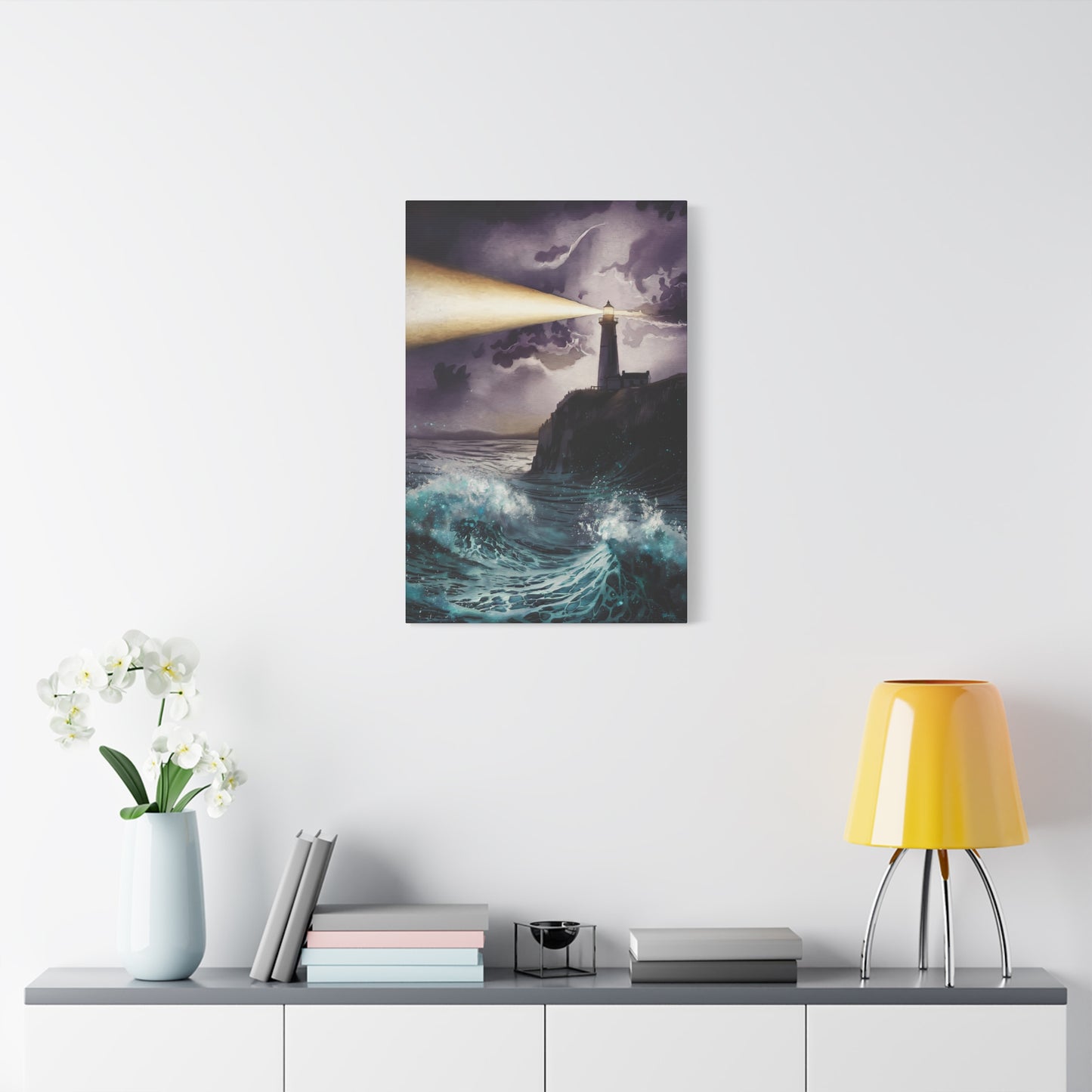 Lighthouse At Night Canvas Wall Art