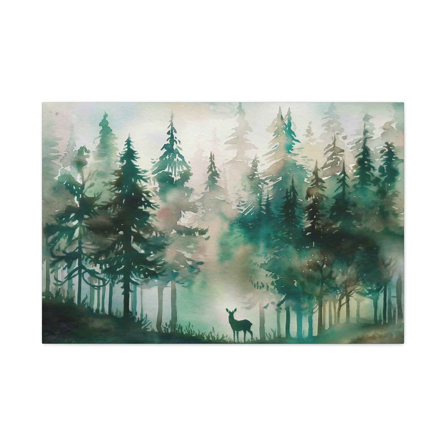 Pine Forest With Deer Watercolor Canvas Wall Art