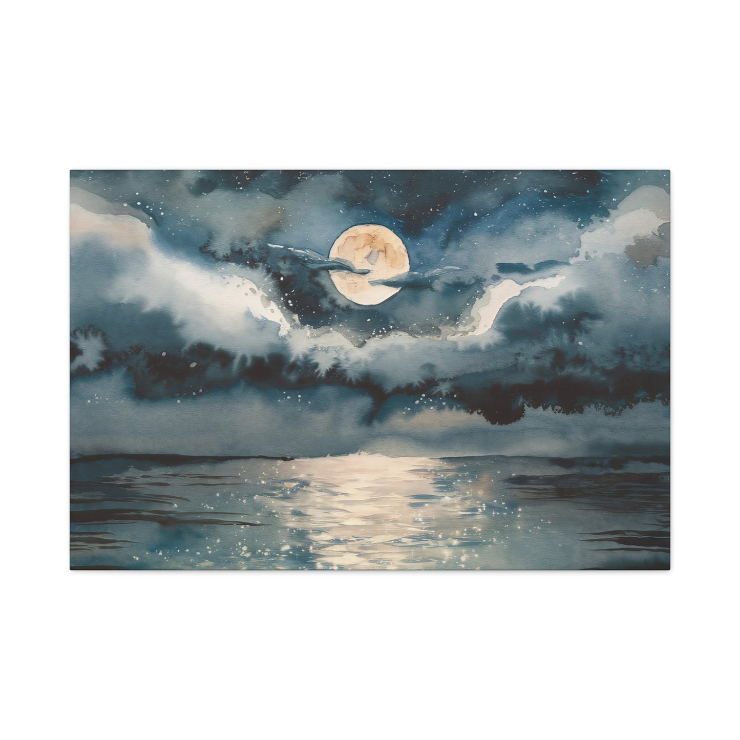 Full Moon Over Ocean Watercolor Canvas Wall Art