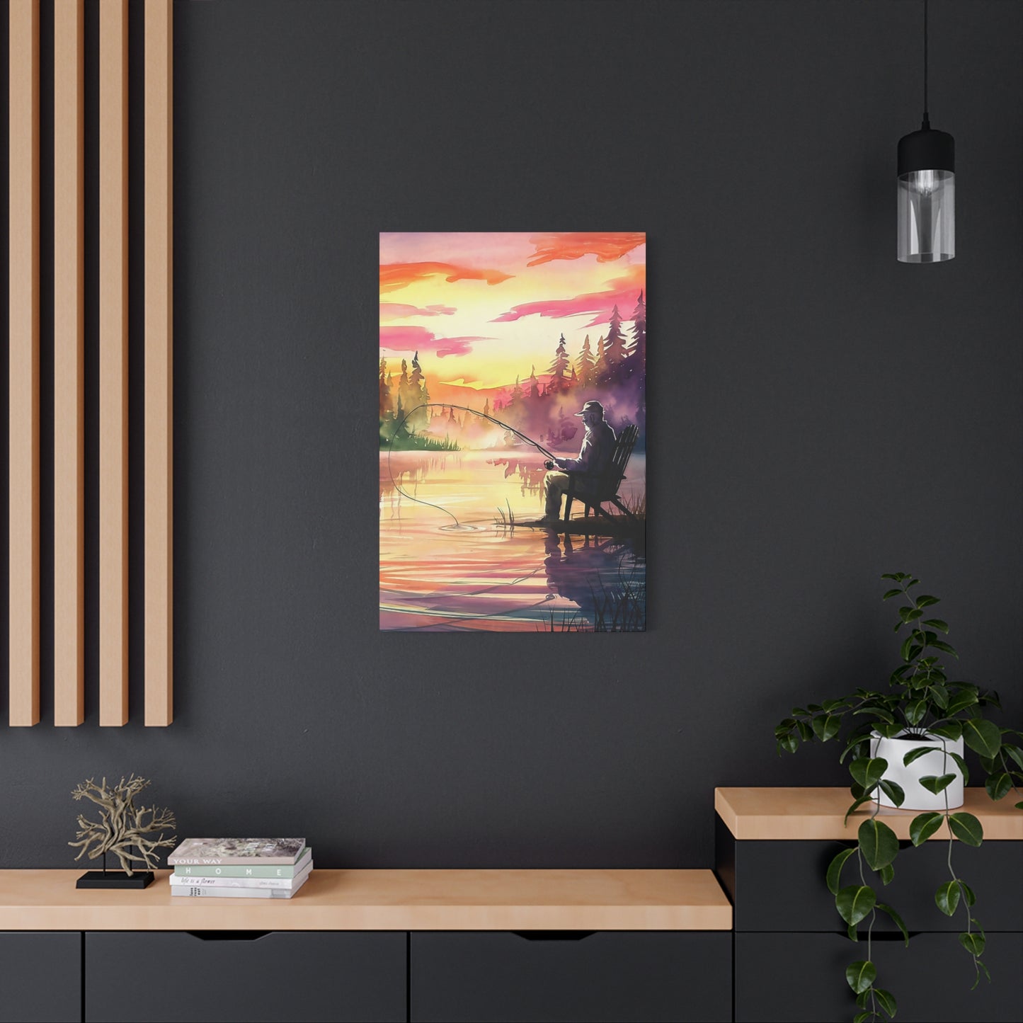 Man Fishing At Sunset Canvas Wall Art
