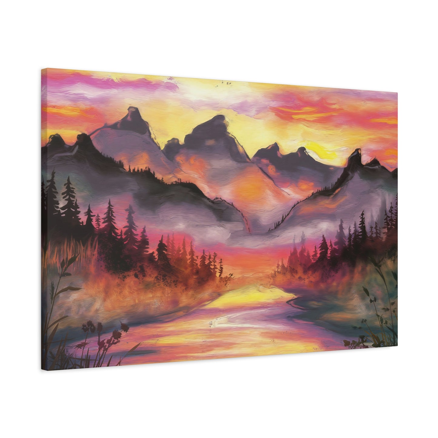 Dreamy Mountain Woodland Sunset Watercolor Canvas Wall Art