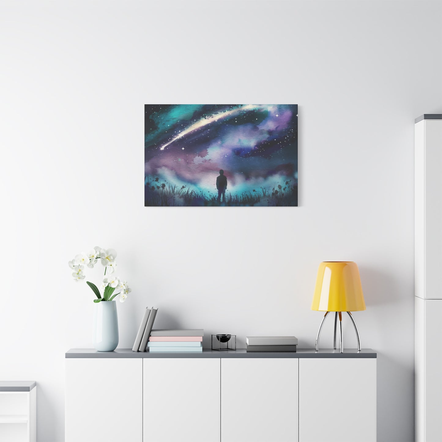 Man Looking Up At Starry Night Watercolor Canvas Wall Art