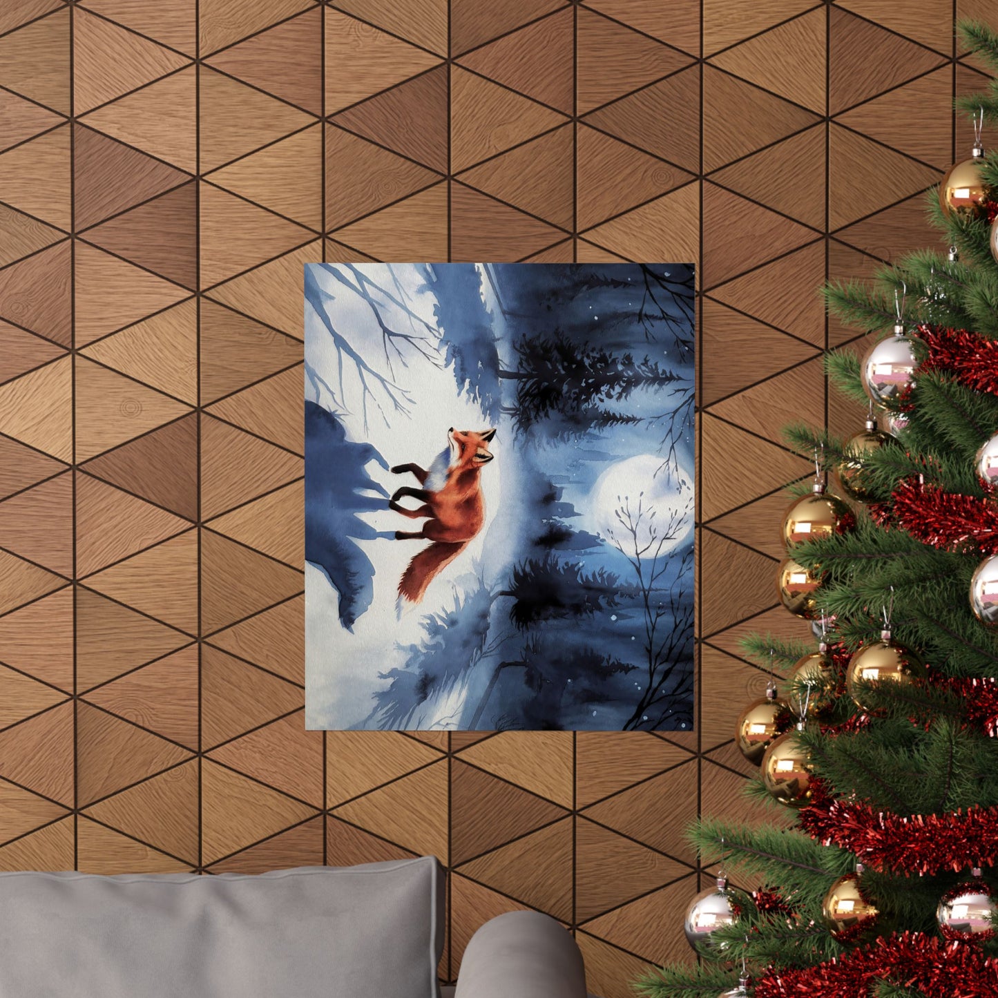 Fox Winter Night Watercolor Poster