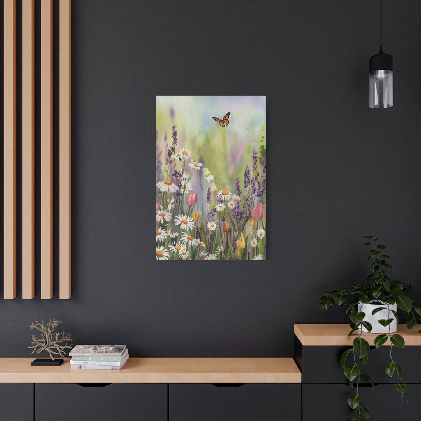 Field Of Flowers With Butterfly Canvas Wall Art