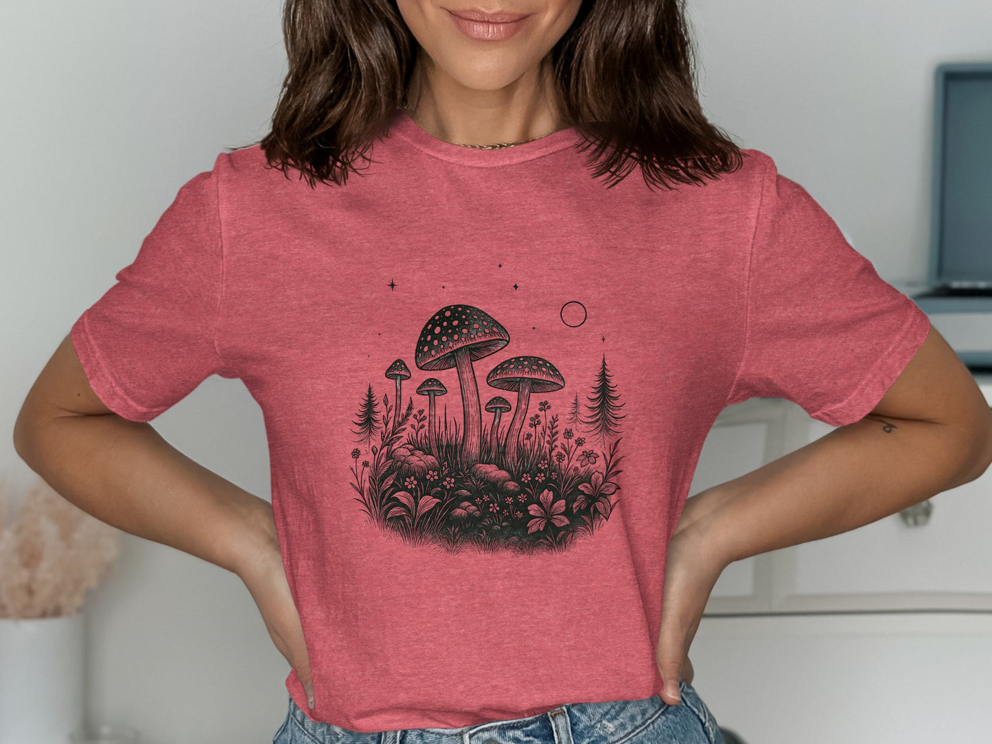 Whimsical mushrooms and flowers graphic t-shirt product