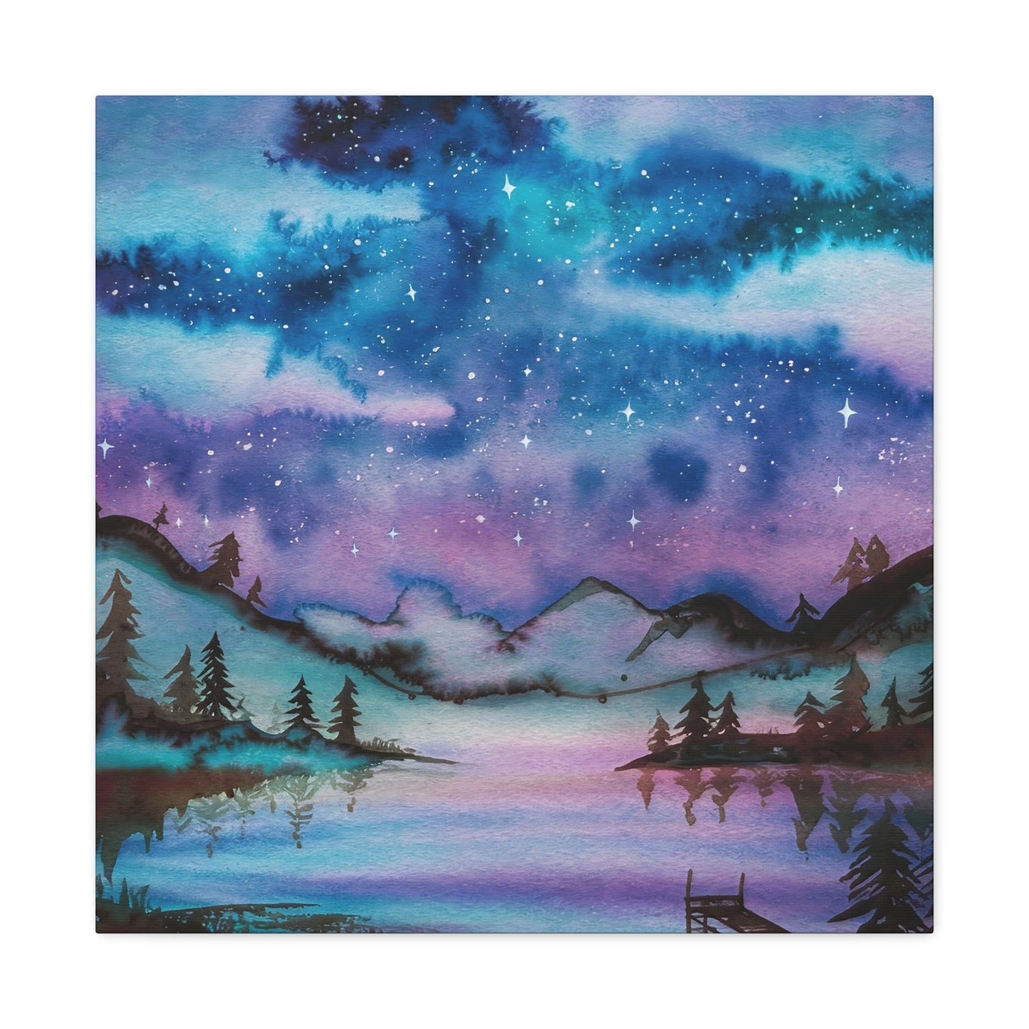 Starry Night Over Lake Watercolor Canvas Wall Art