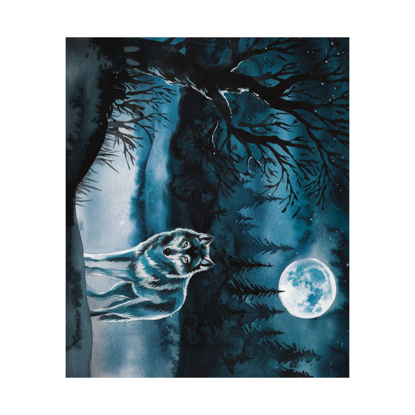 Wolf At Night Watercolor Poster