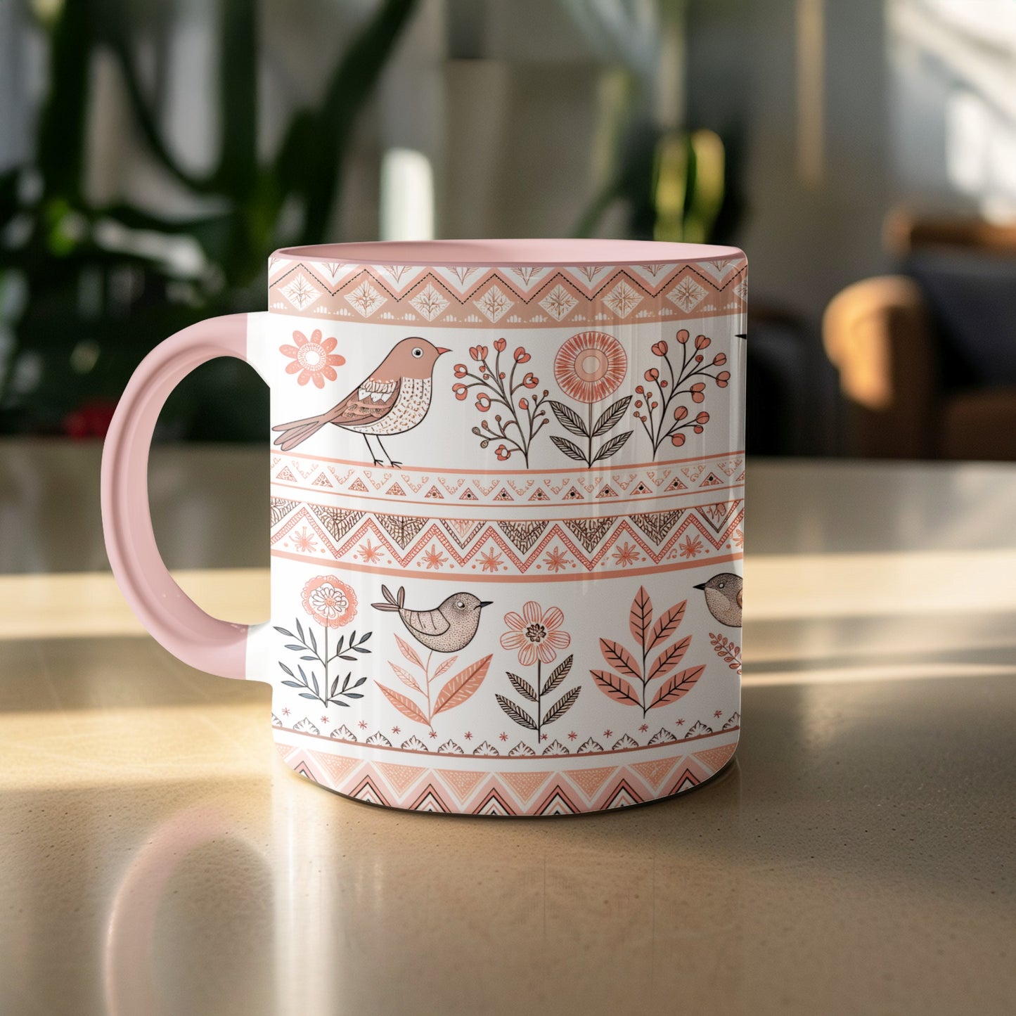 Bird and Floral Design with Pastel Pink Mug