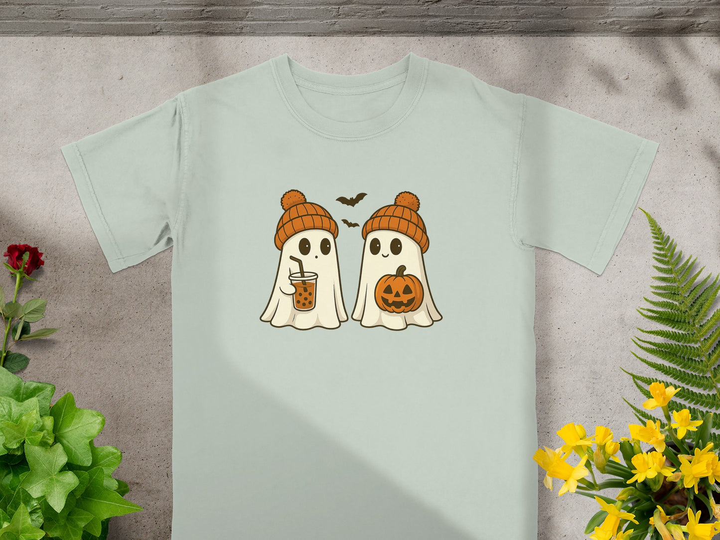 Cute Halloween Ghosts T-Shirt with Pumpkin and Bubble Tea product