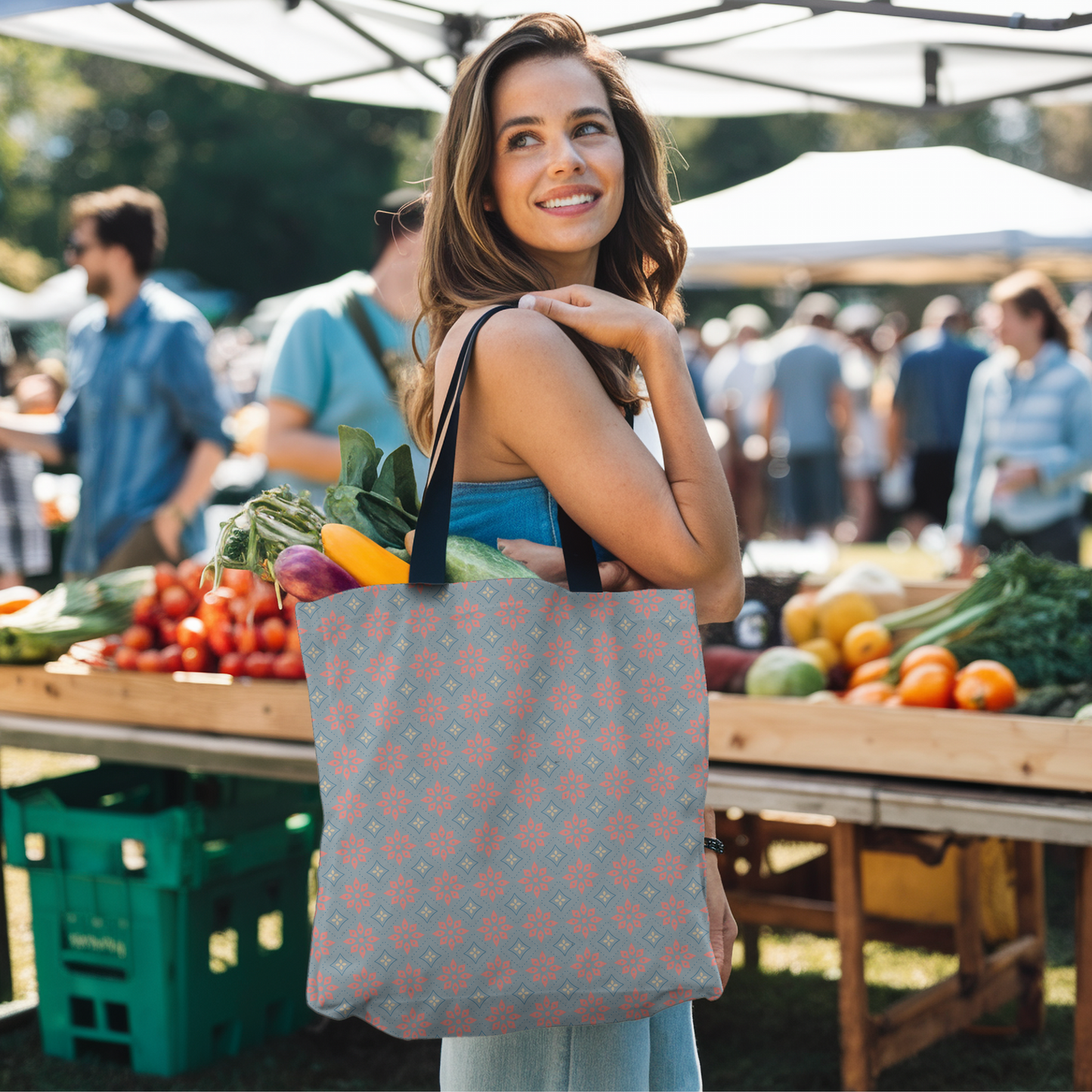 Gray & Coral Dots Canvas Tote Bag