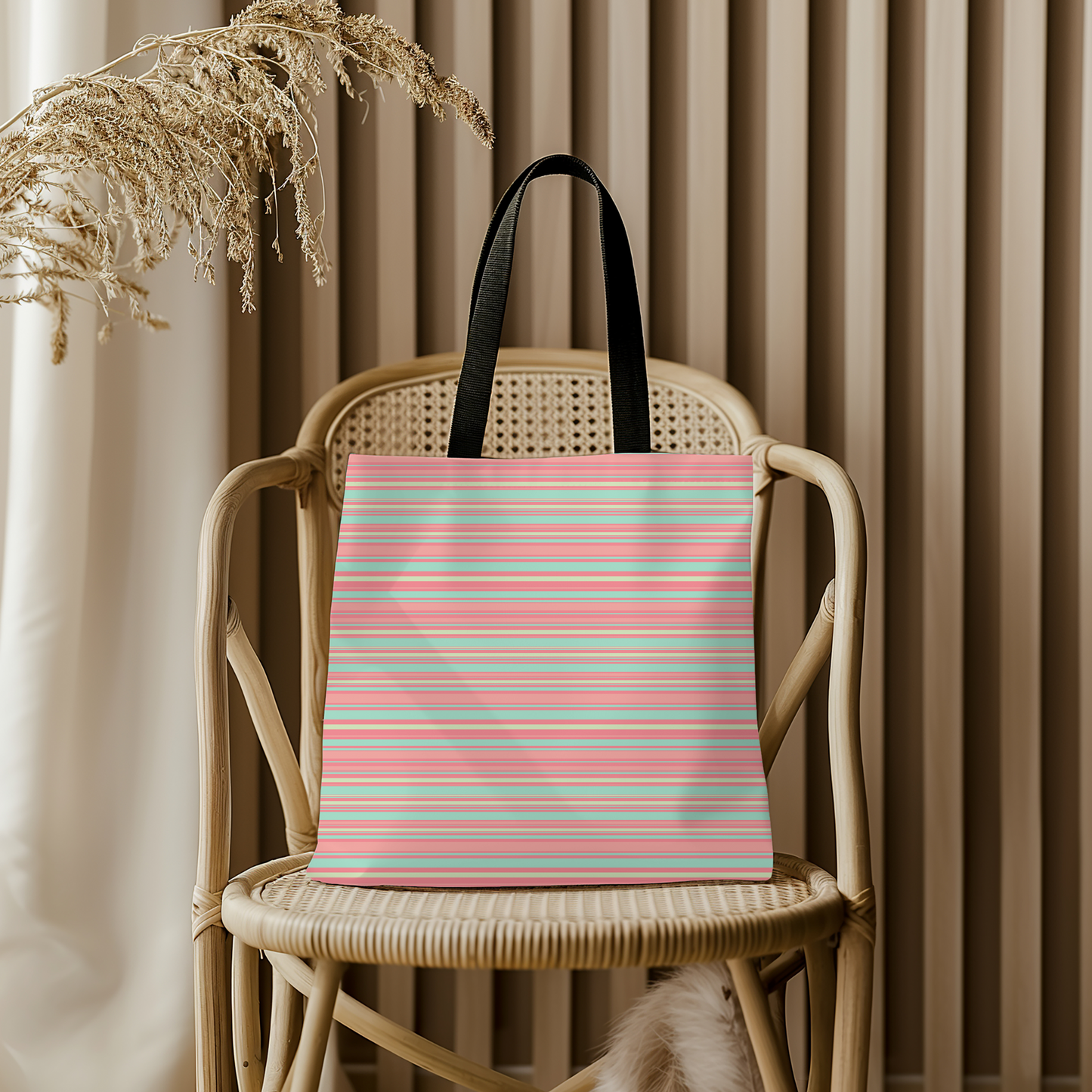 Coral Mint Stripe Canvas Tote Bag