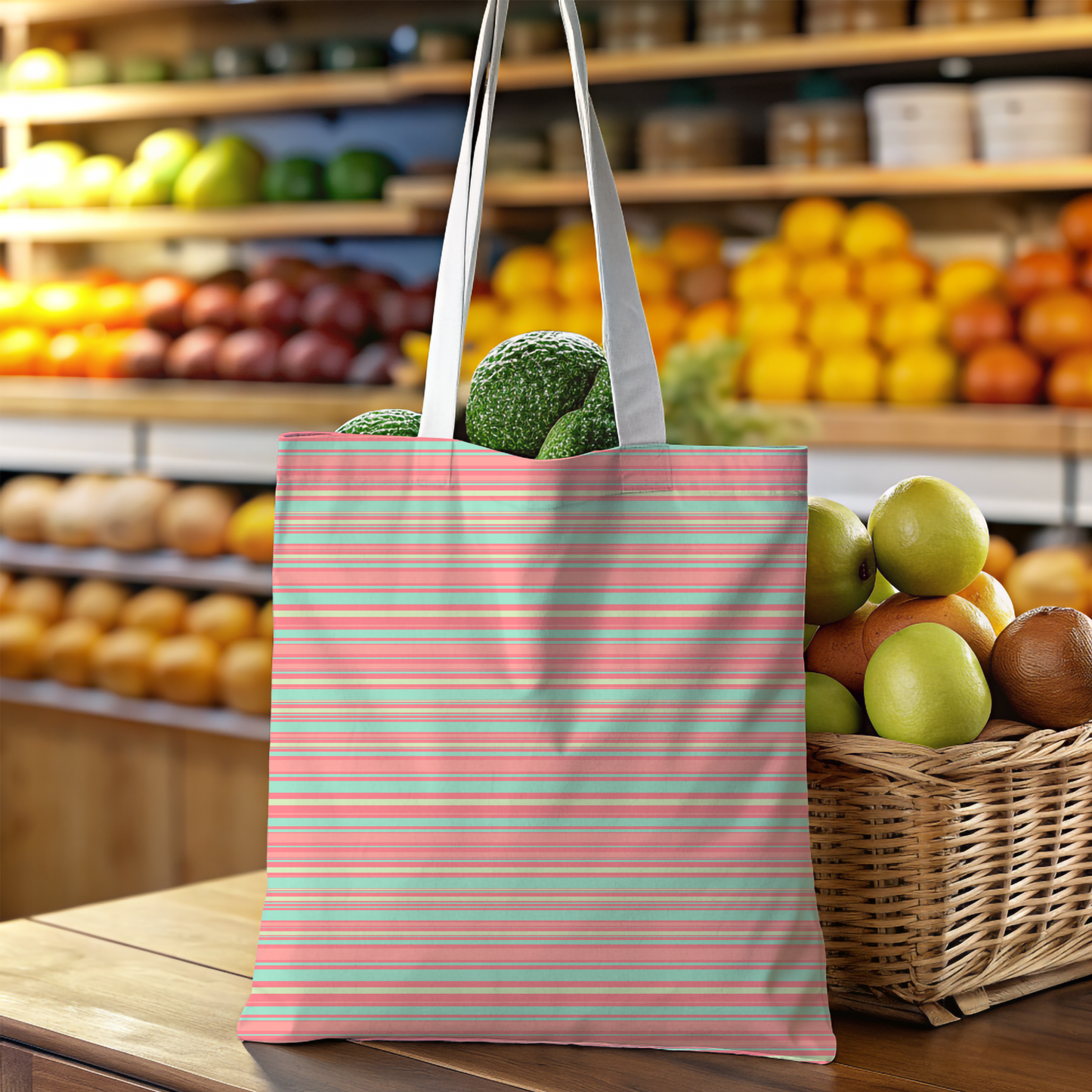 Coral Mint Stripe Canvas Tote Bag