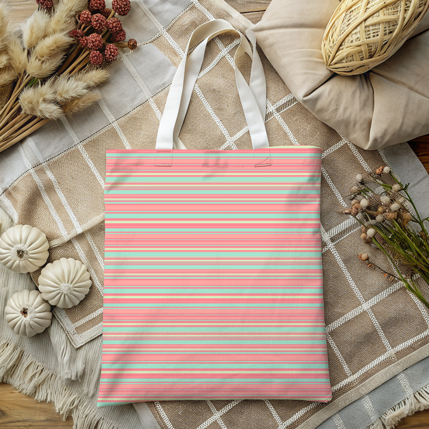 Coral Mint Stripe Canvas Tote Bag