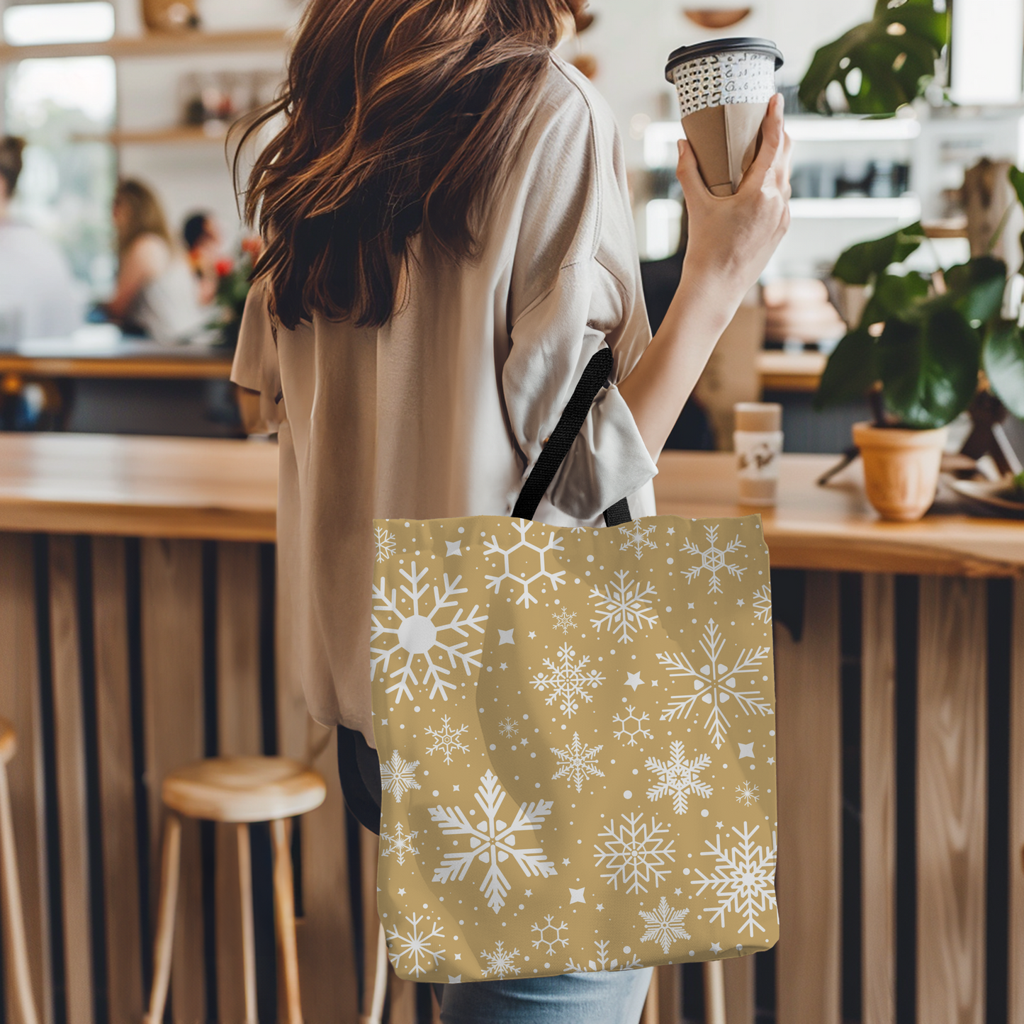 Elegant Winter Tote Bag | Golden Frost Snowflake Design