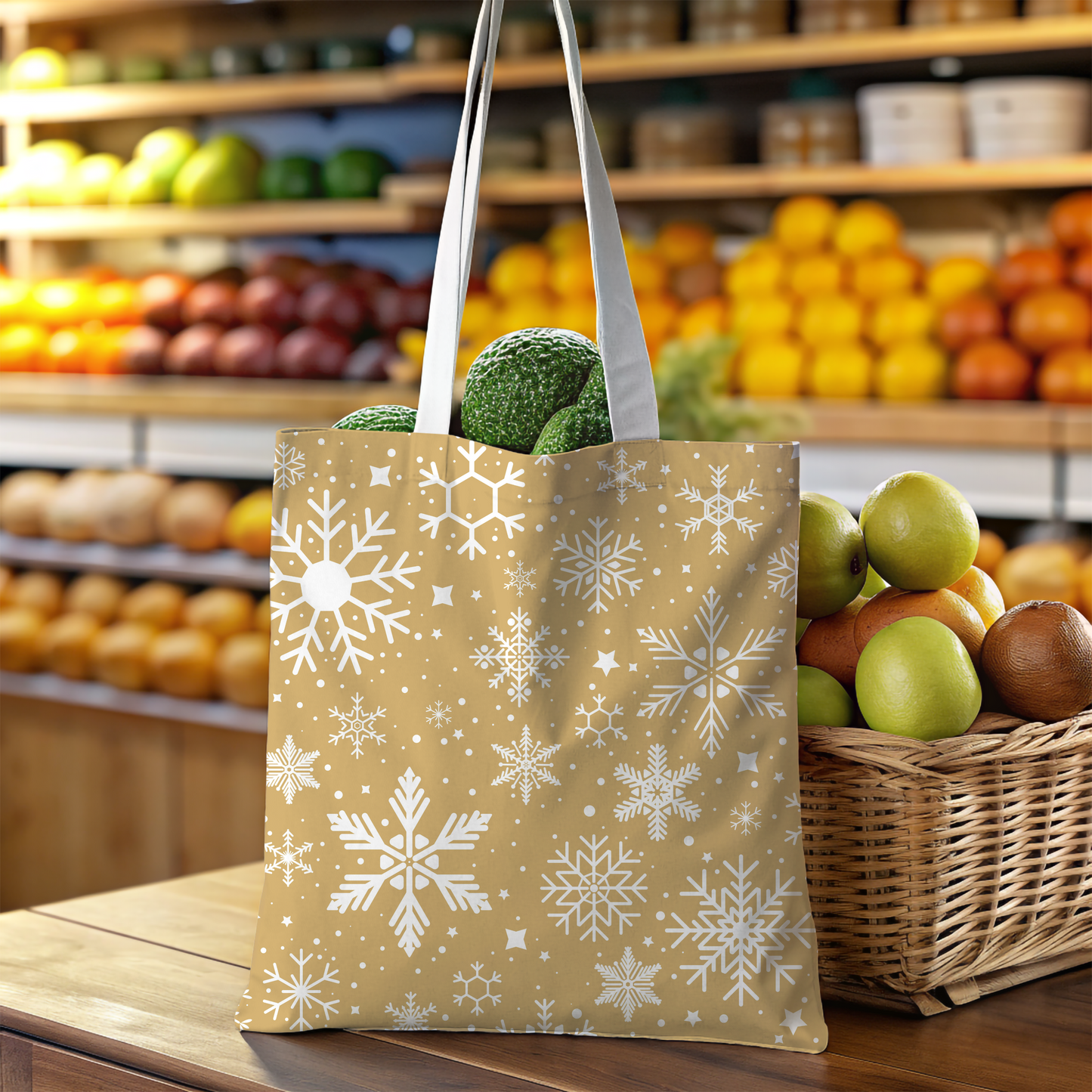 Elegant Winter Tote Bag | Golden Frost Snowflake Design