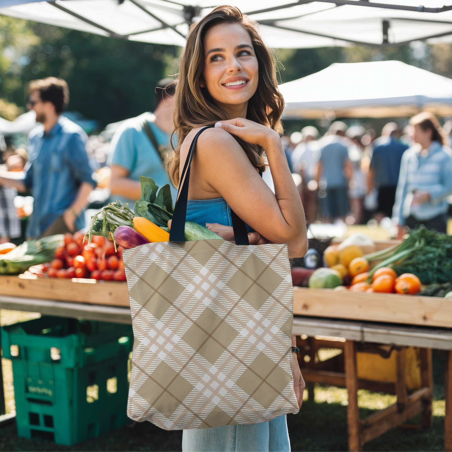 Modern Neutral Plaid Tote Bag