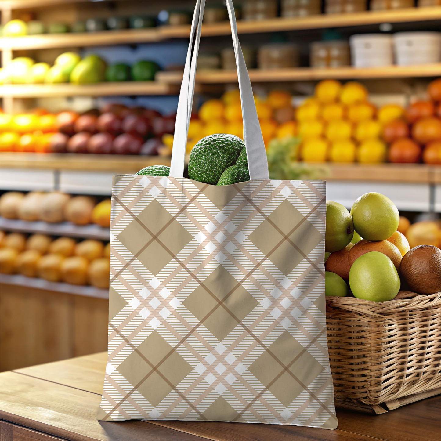 Modern Neutral Plaid Tote Bag