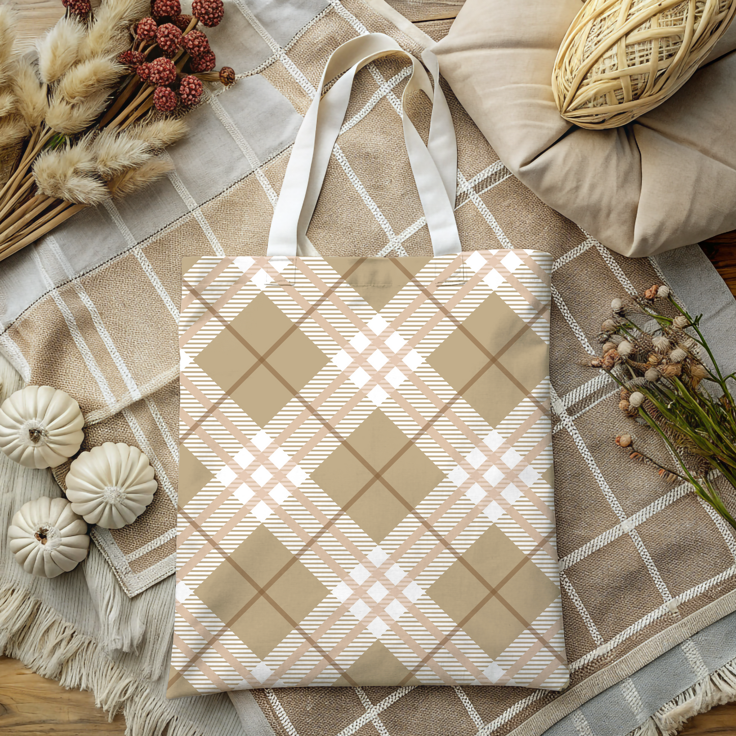 Modern Neutral Plaid Tote Bag