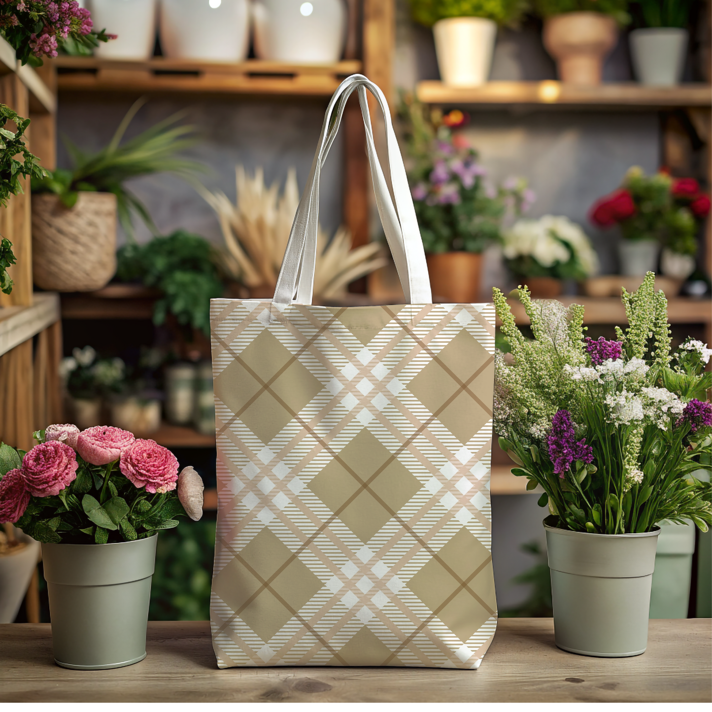 Modern Neutral Plaid Tote Bag