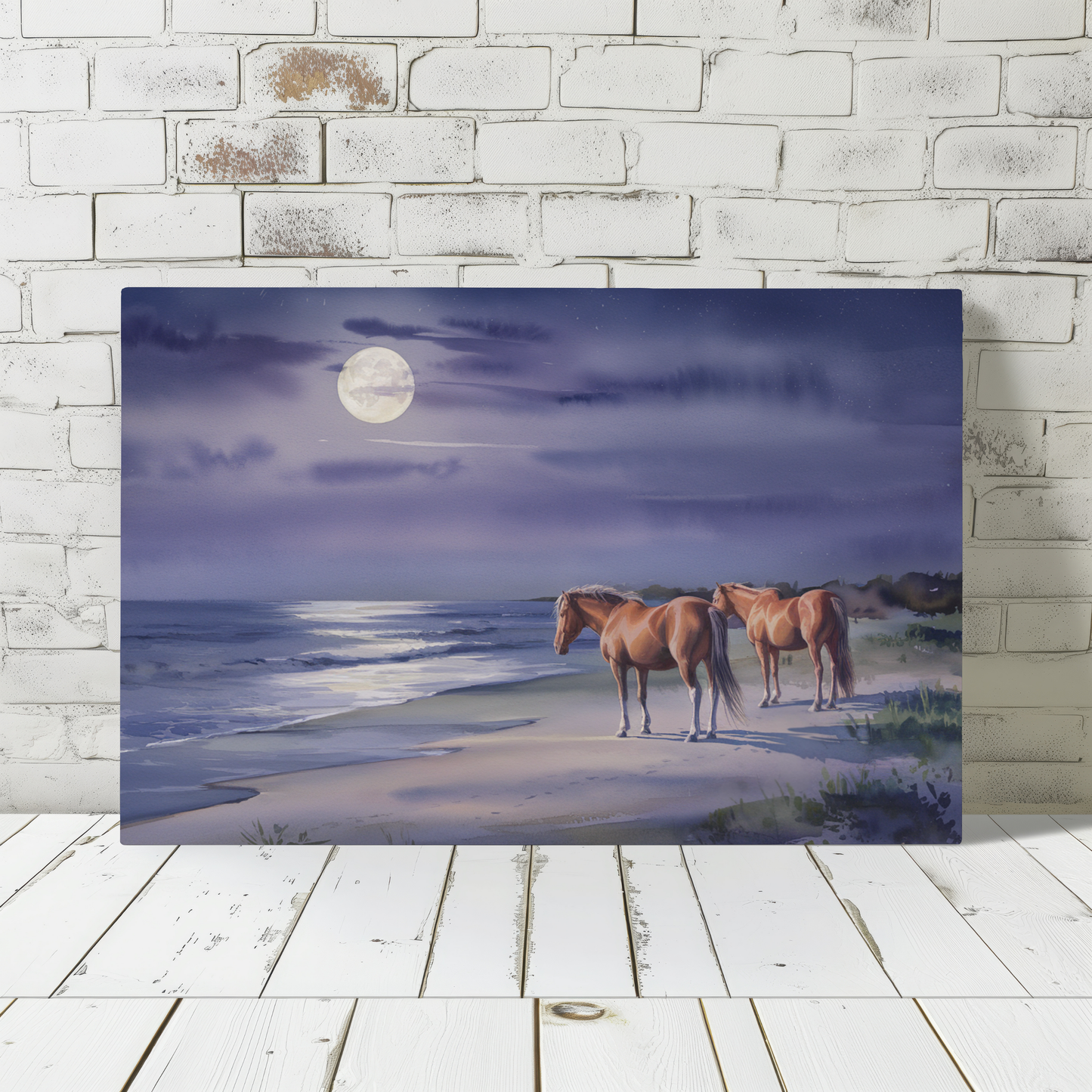 Horses by the Moonlight Canvas Wall Art