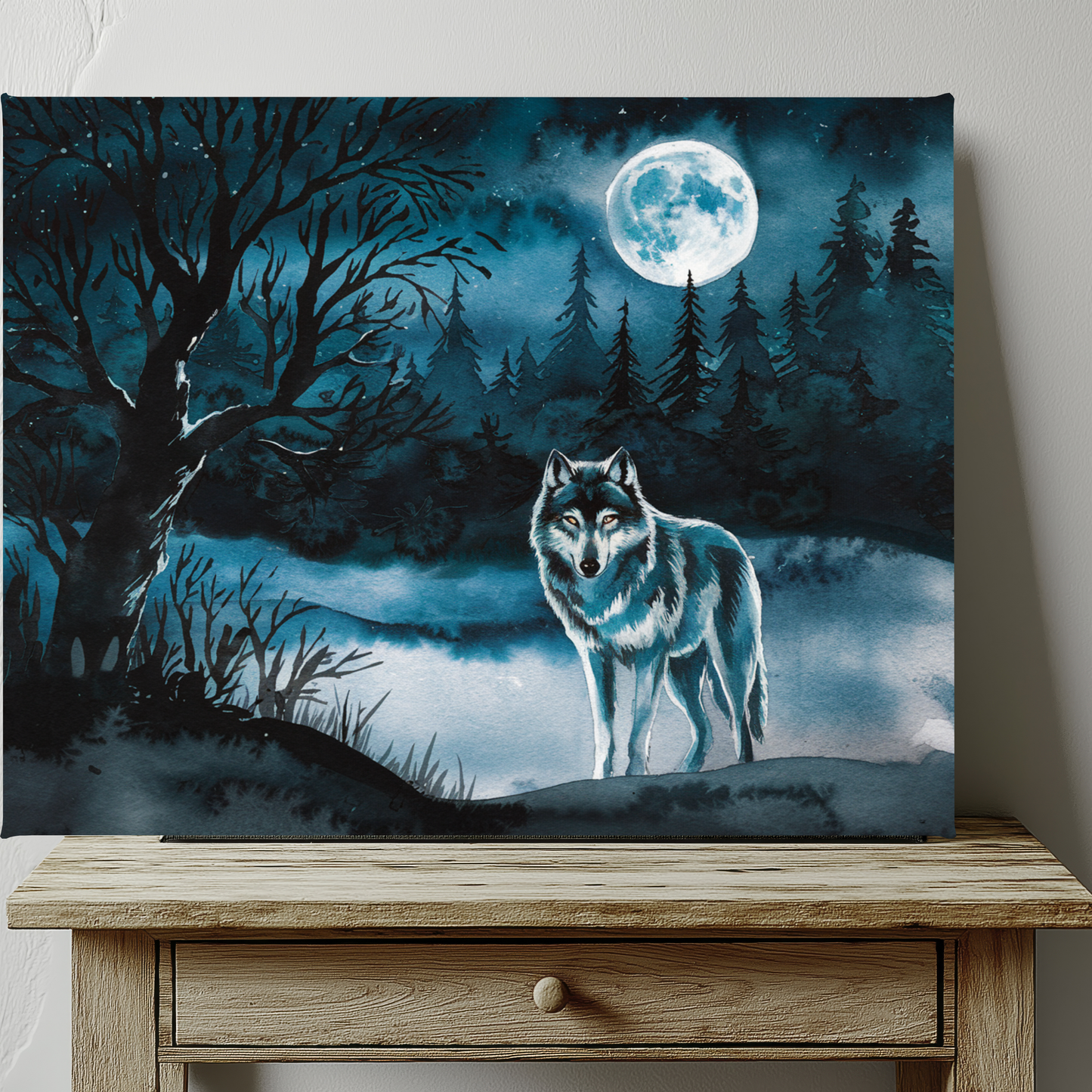 Wolf At Night Canvas Wall Art