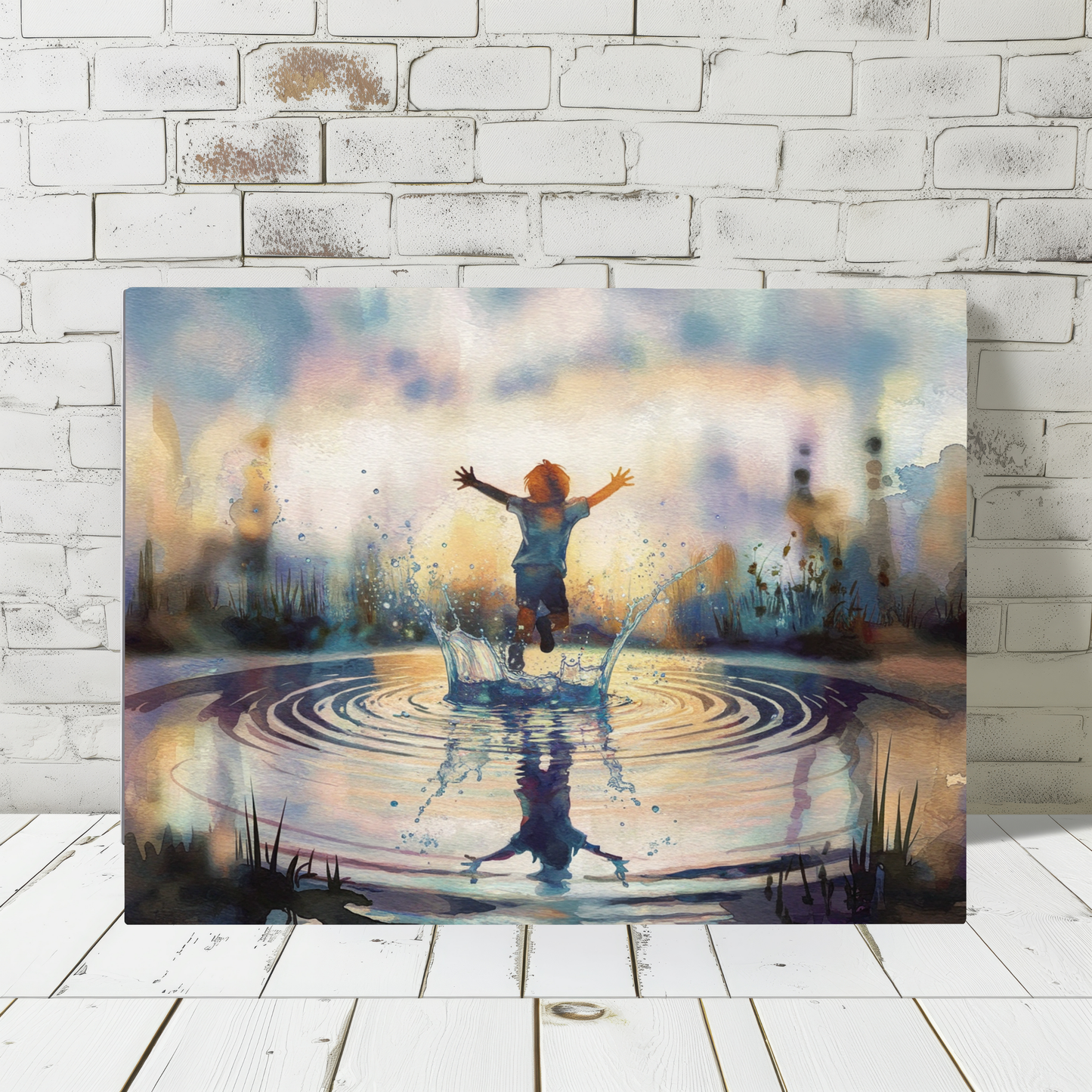 Boy Splashing In Puddle Watercolor Canvas Wall Art
