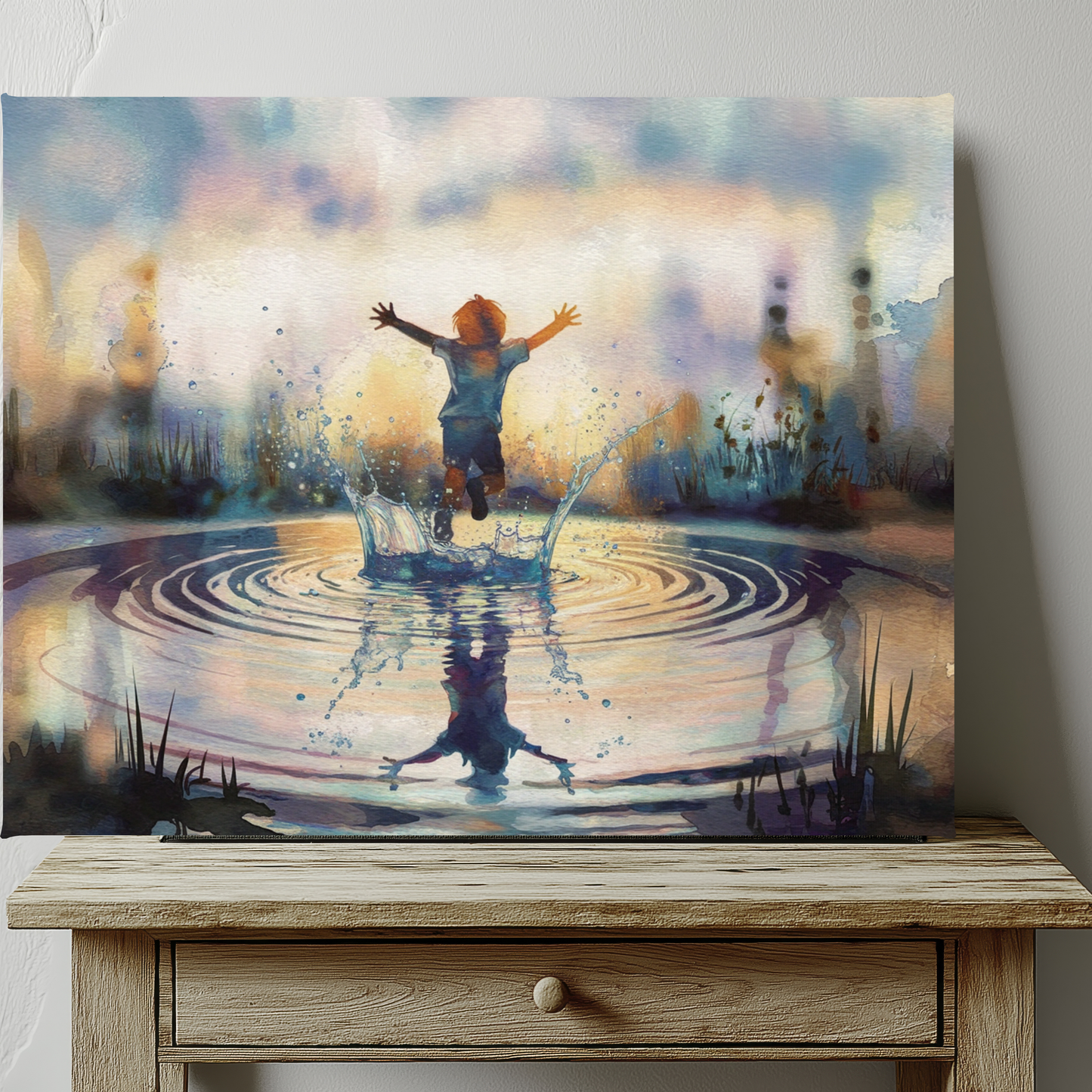Boy Splashing In Puddle Watercolor Canvas Wall Art