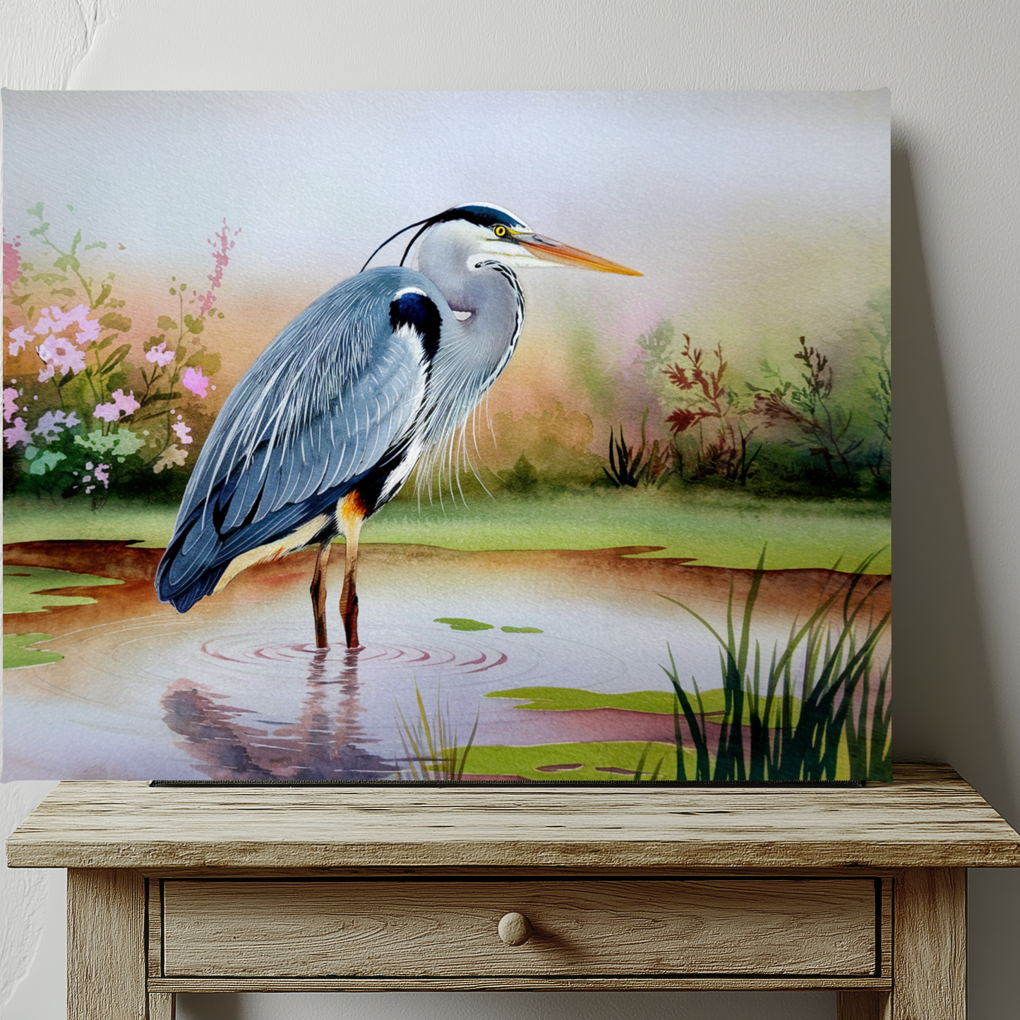 Blue Heron Standing In Water Watercolor Canvas Wall Art