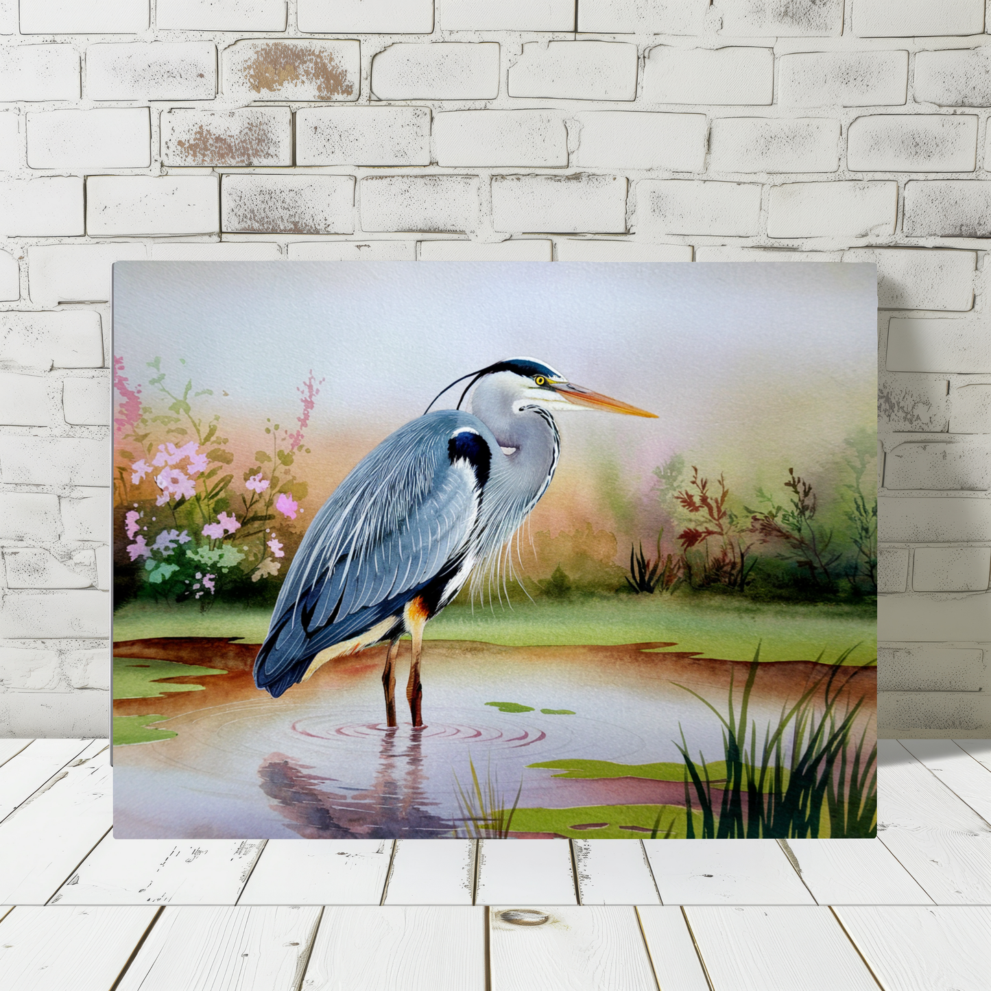 Blue Heron Standing In Water Watercolor Canvas Wall Art