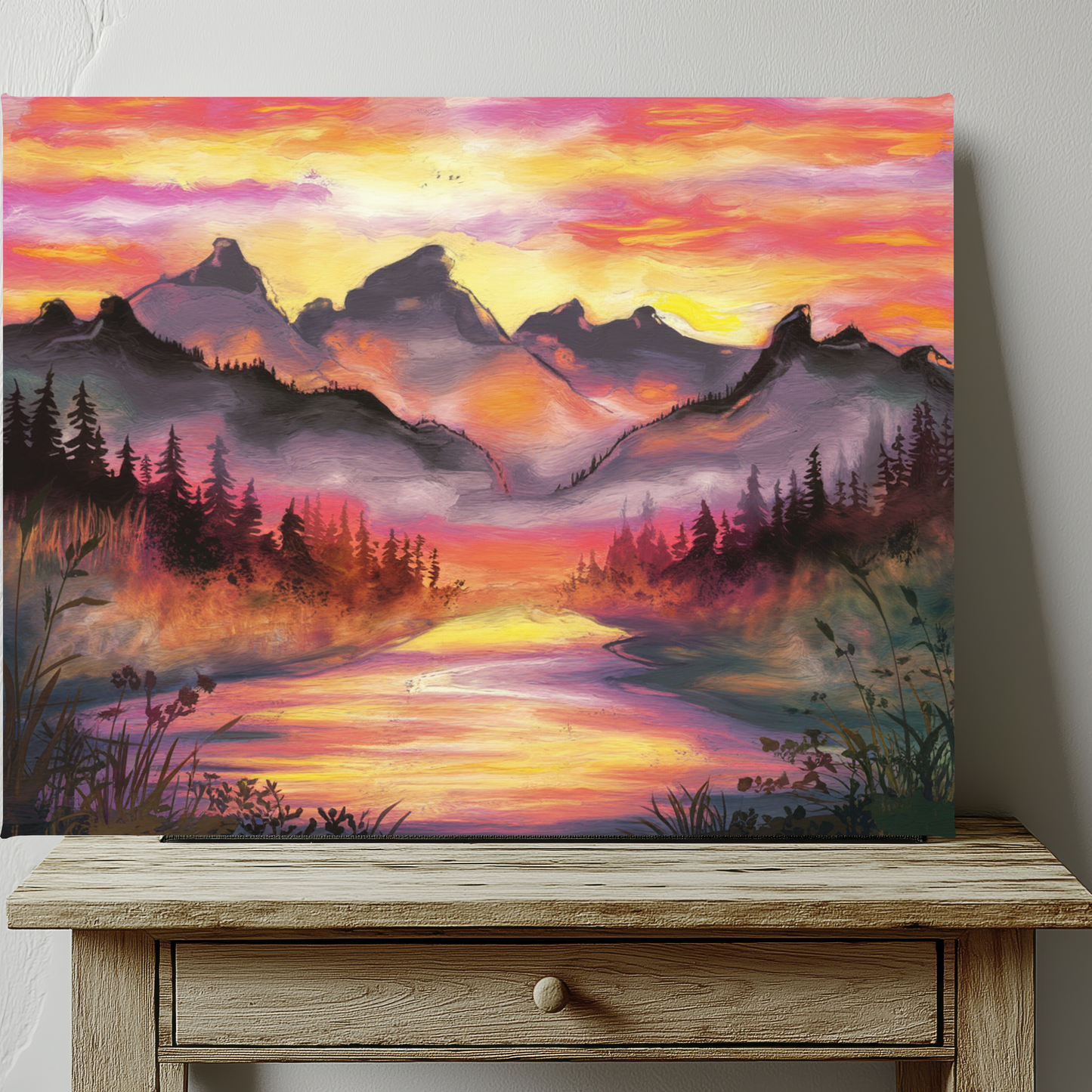 Dreamy Mountain Woodland Sunset Watercolor Canvas Wall Art