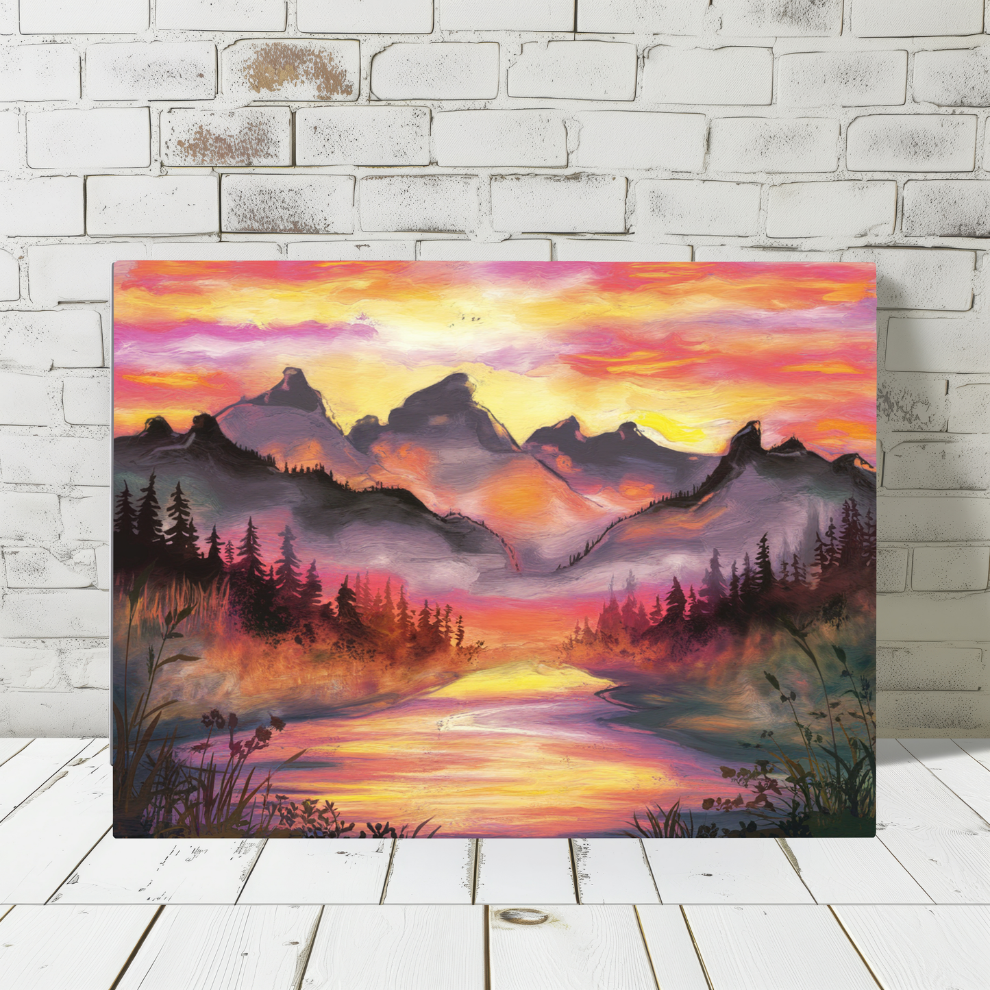 Dreamy Mountain Woodland Sunset Watercolor Canvas Wall Art