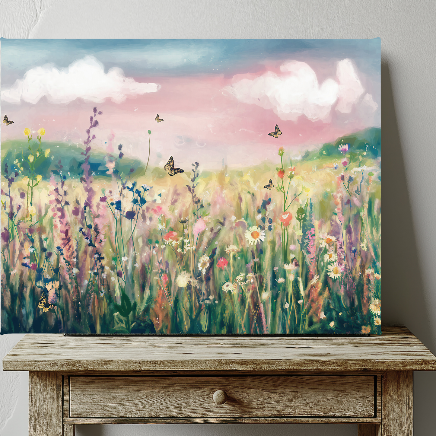 Wildflower Meadow With Butterflies Watercolor Canvas Wall Art