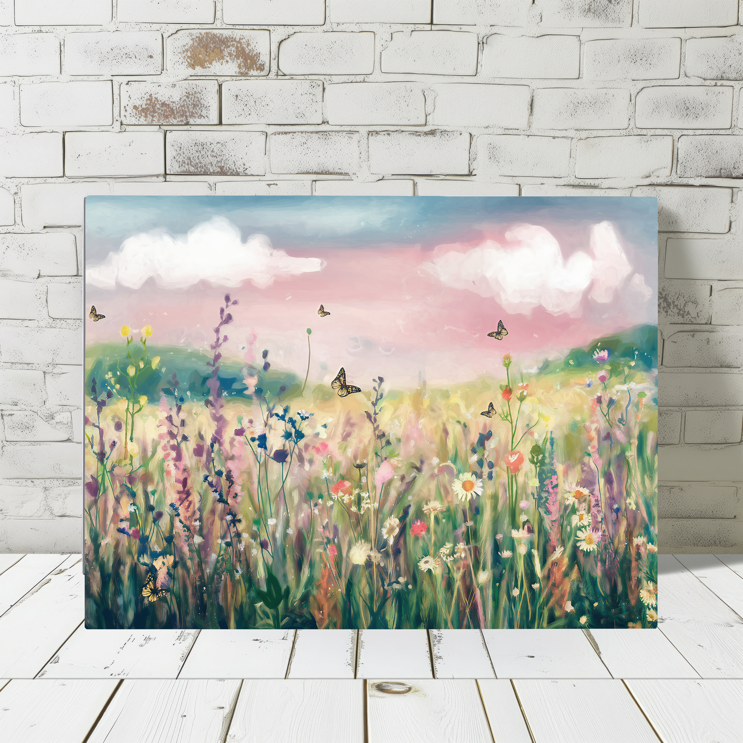Wildflower Meadow With Butterflies Watercolor Canvas Wall Art