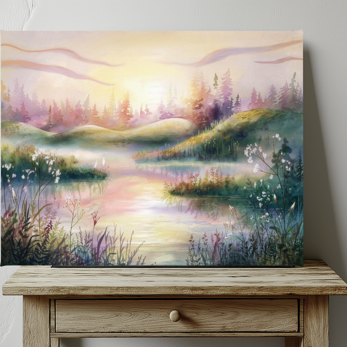 Dreamy Pink Woodland Sunrise Watercolor Canvas Wall Art